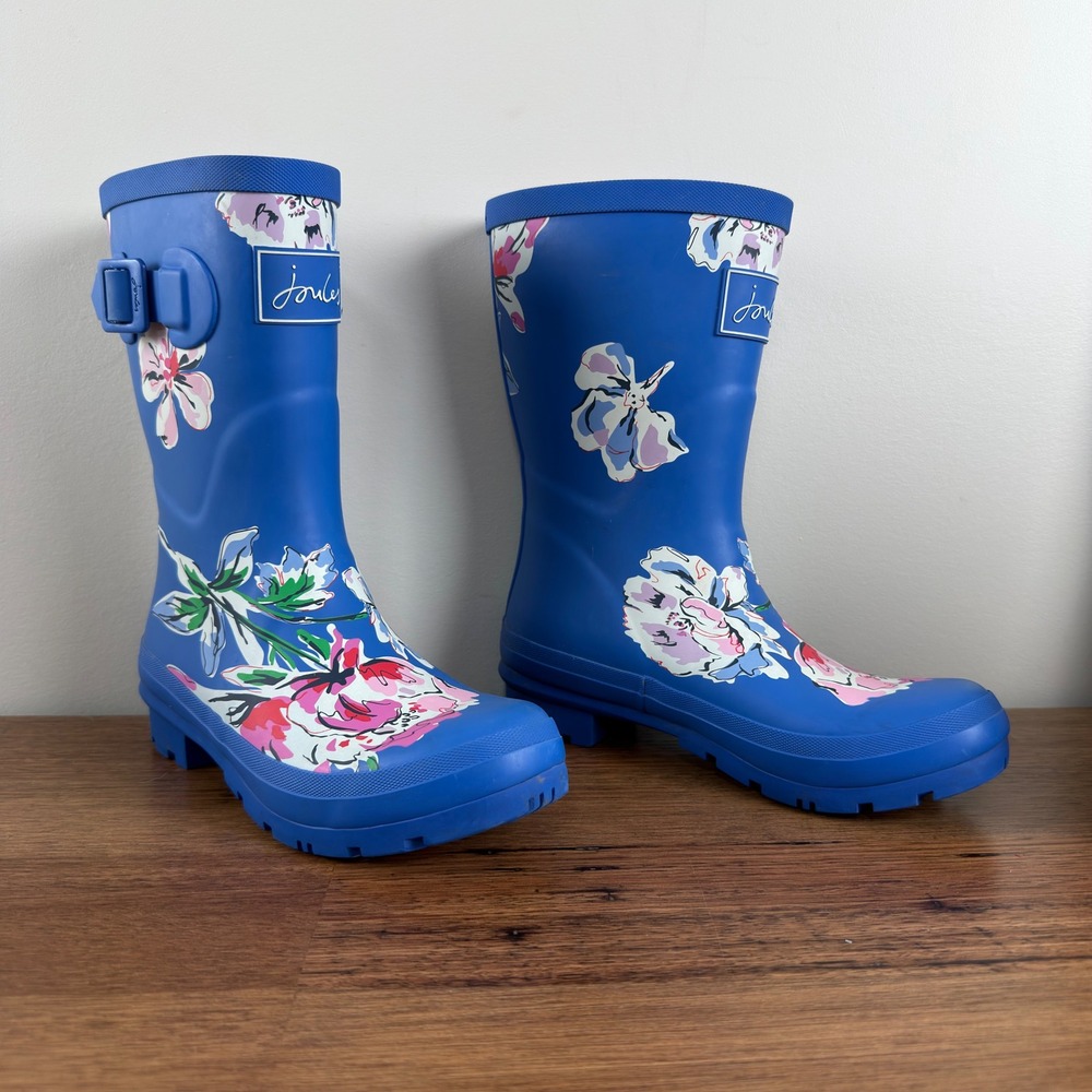 Joules Molly Welly Blue Floral Mid Height Rain Boots Women US 5 UK 3 EU 36